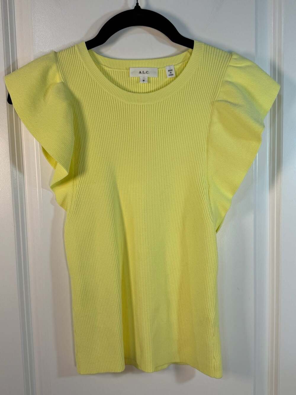 A.L.C. Holley Ruffle Sleeve Ribbed Knit Top Yellow Size M